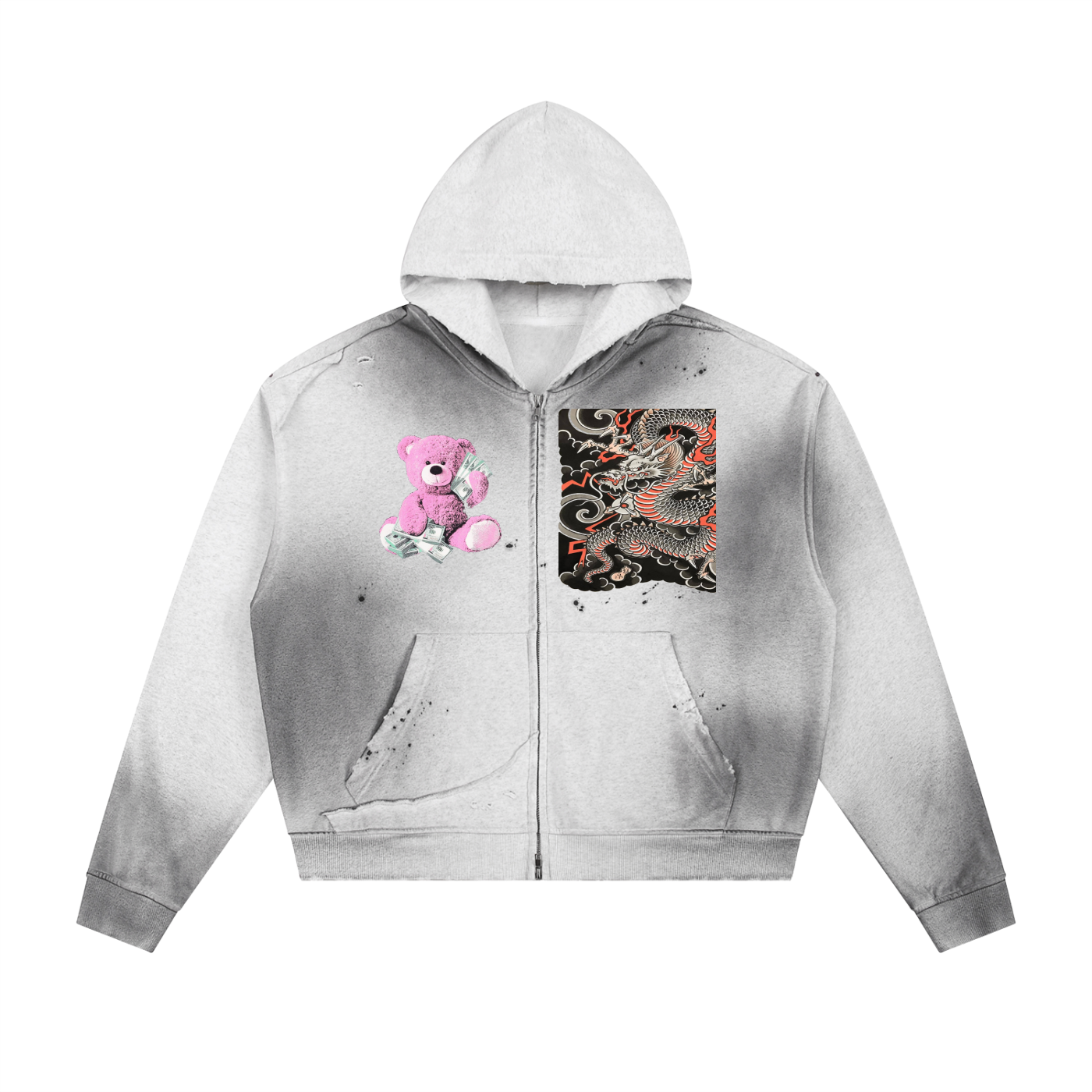 Sun Fade Frayed Raw Edge Fleece Zip Hoodie