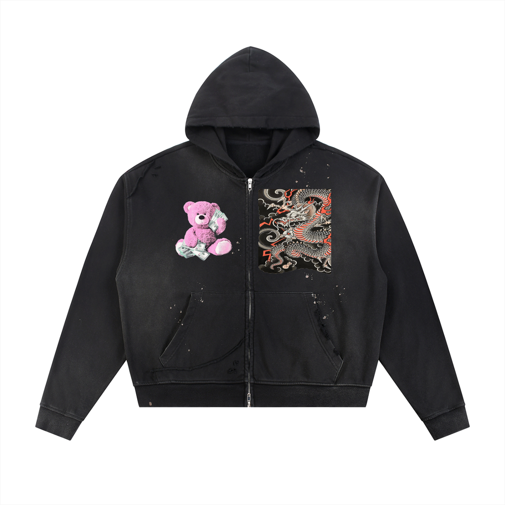 Sun Fade Frayed Raw Edge Fleece Zip Hoodie