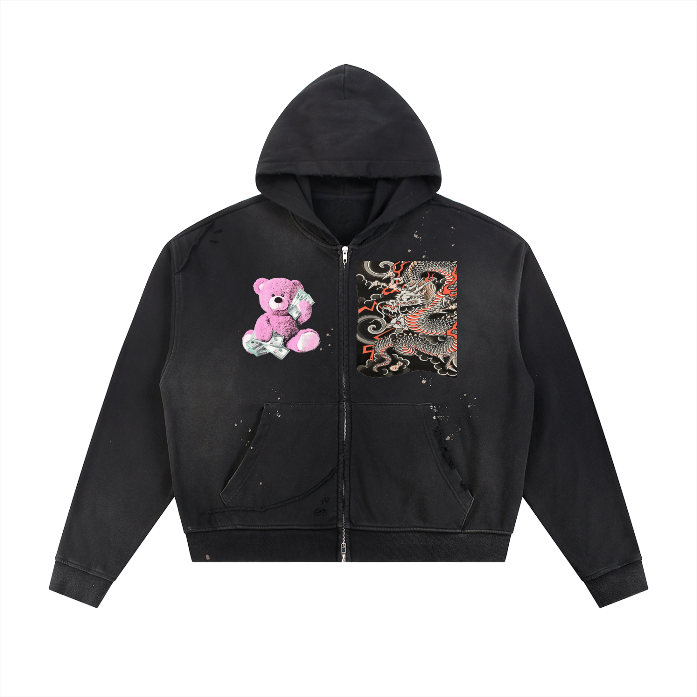 Sun Fade Frayed Raw Edge Fleece Zip Hoodie