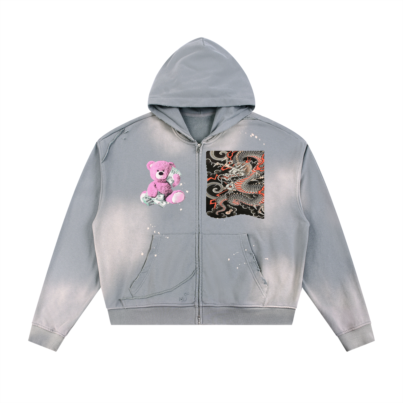 Sun Fade Frayed Raw Edge Fleece Zip Hoodie
