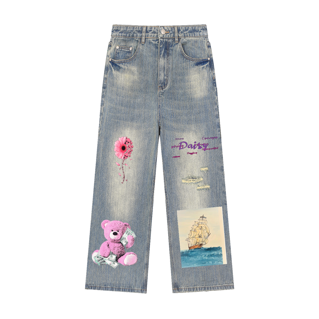 Vintage Wash Distressed Denim Jeans