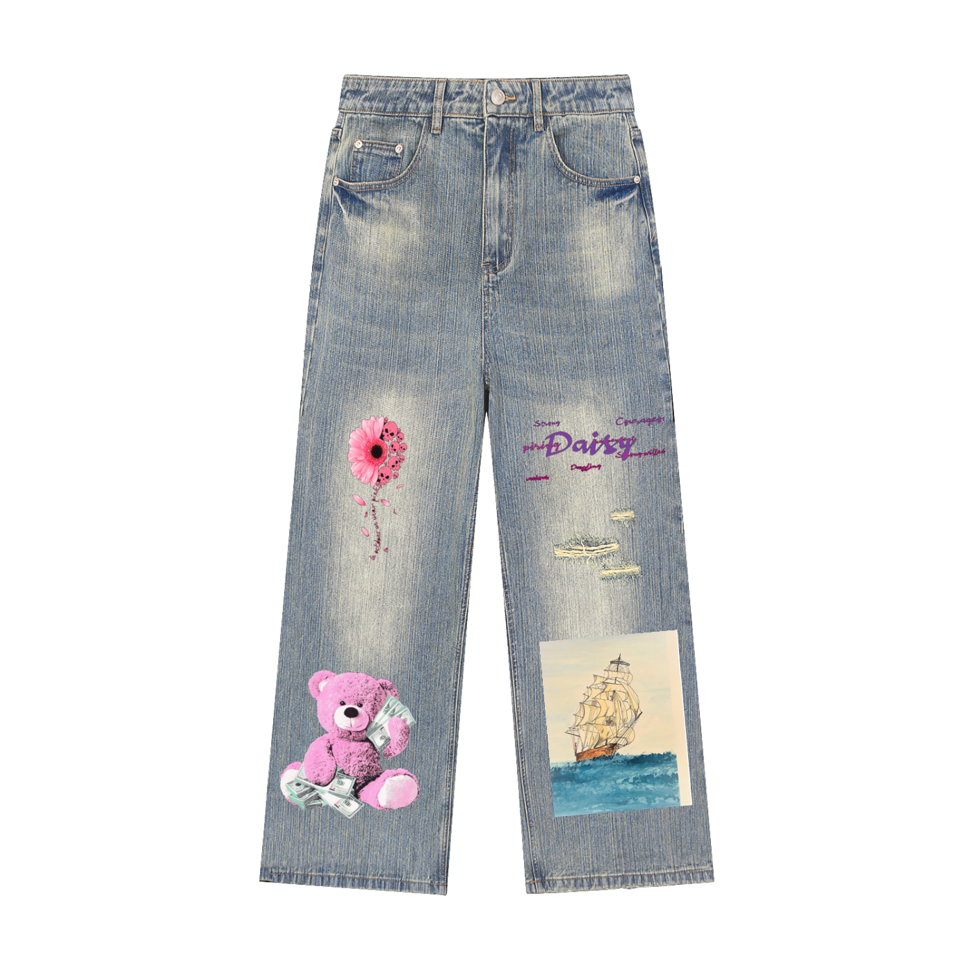 Vintage Wash Distressed Denim Jeans